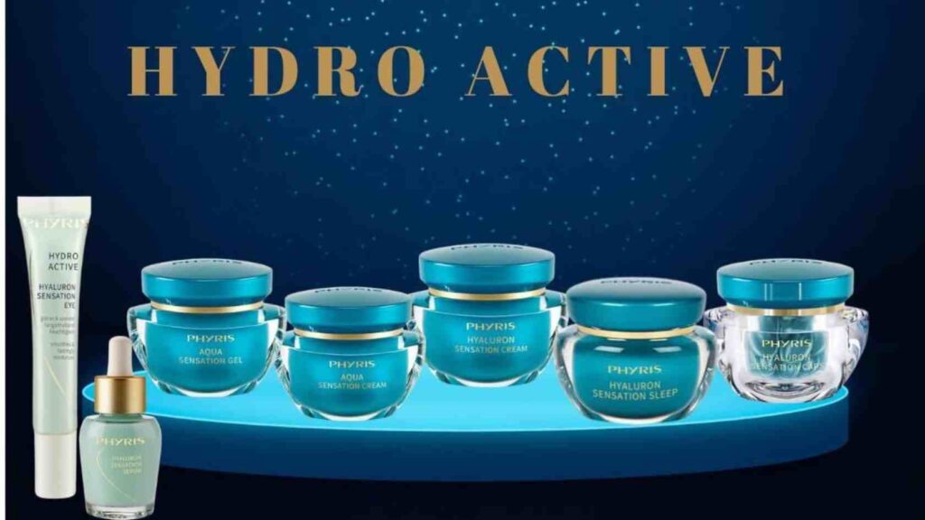 Hydro Active produkterne fra Phyris linet op ved siden af hinanden med mørkeblå baggrund